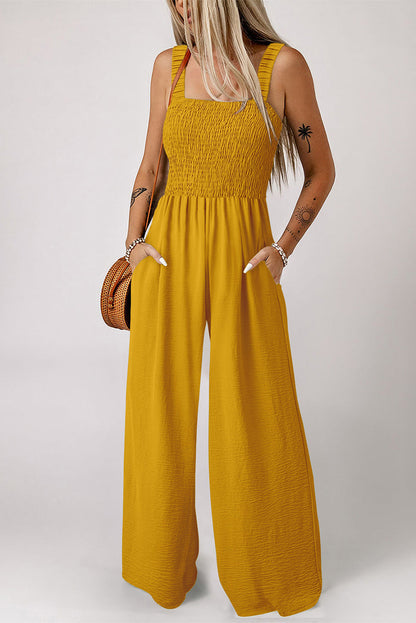 Ginger Smocked Sleeveless Wide Leg Jumpsuit with Pockets 🇺🇸