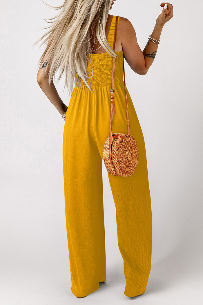 Ginger Smocked Sleeveless Wide Leg Jumpsuit with Pockets 🇺🇸