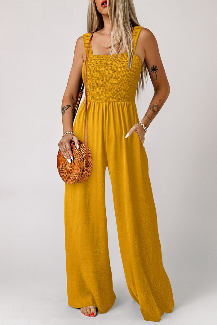 Ginger Smocked Sleeveless Wide Leg Jumpsuit with Pockets 🇺🇸