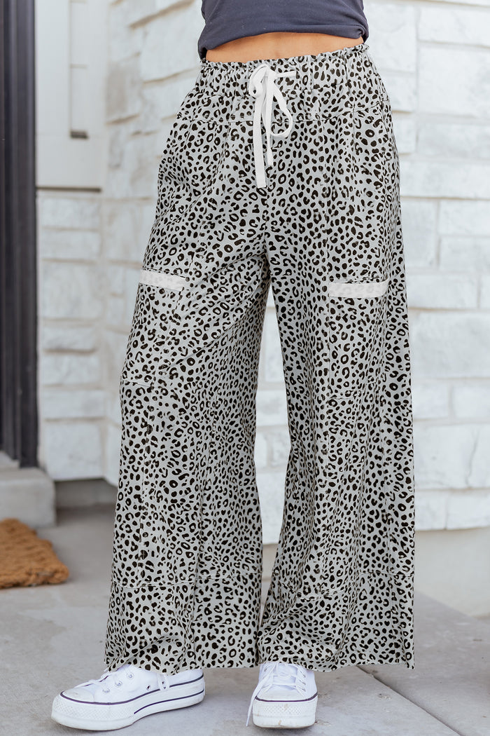 Gray Animal Print Wide Leg Terry Knit Pants 🇺🇸