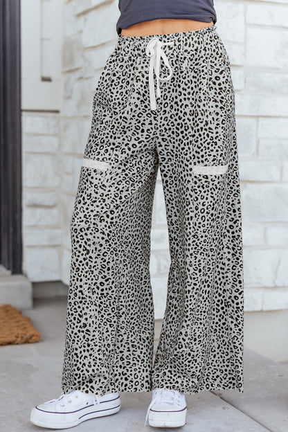 Gray Animal Print Wide Leg Terry Knit Pants 🇺🇸