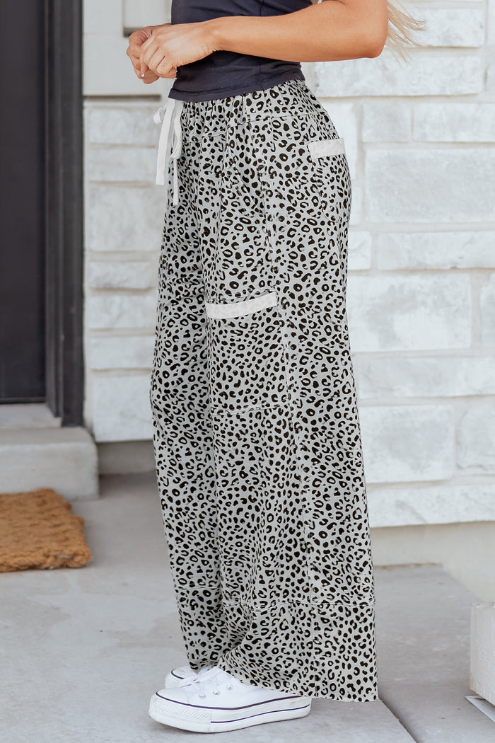 Gray Animal Print Wide Leg Terry Knit Pants 🇺🇸