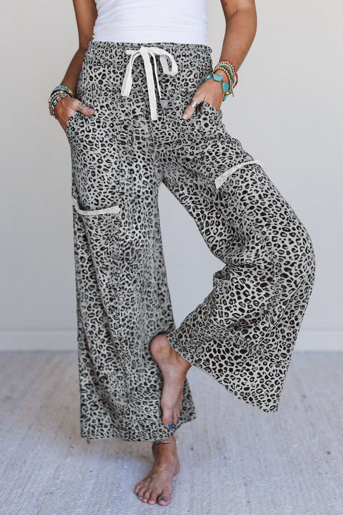 Gray Animal Print Wide Leg Terry Knit Pants 🇺🇸