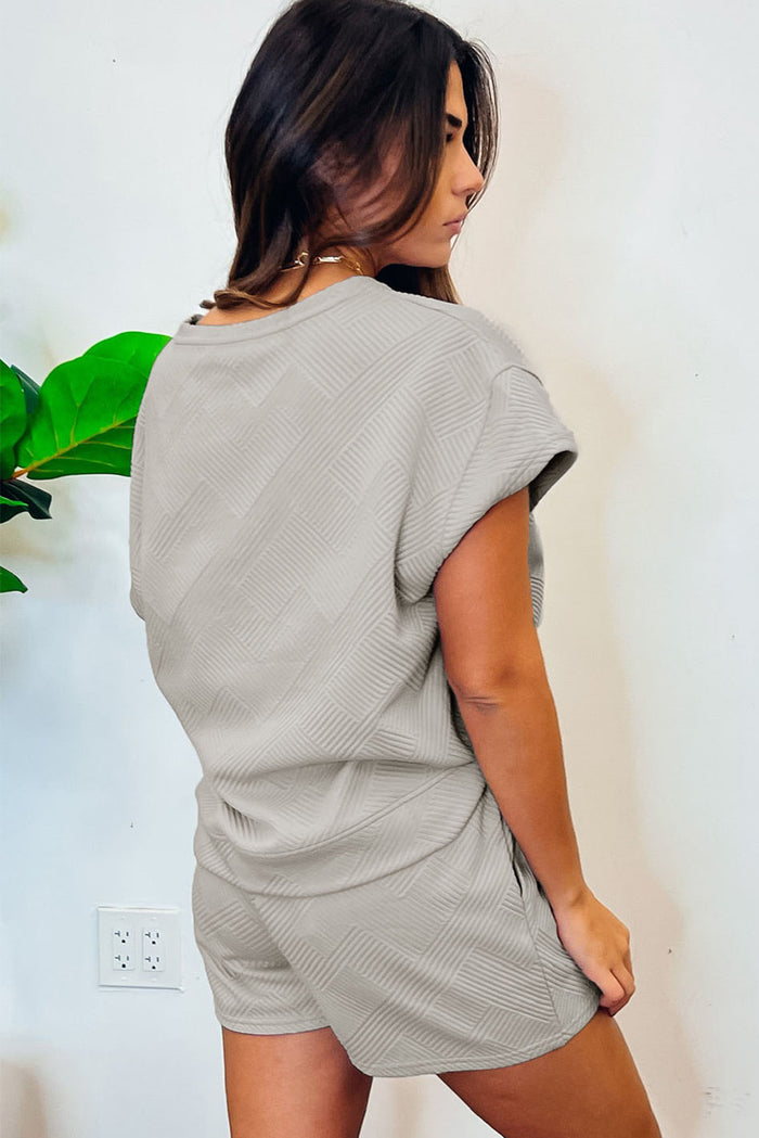 Gray Solid Color Textured Loose Top Casual Two Piece Short Set 🇺🇸