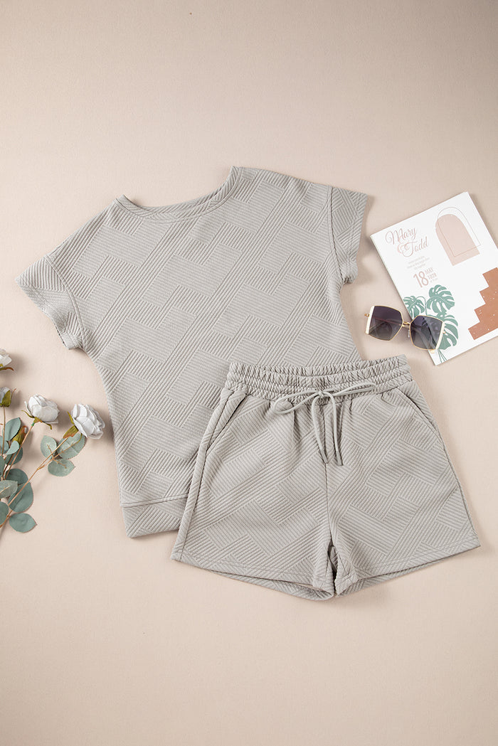 Gray Solid Color Textured Loose Top Casual Two Piece Short Set 🇺🇸