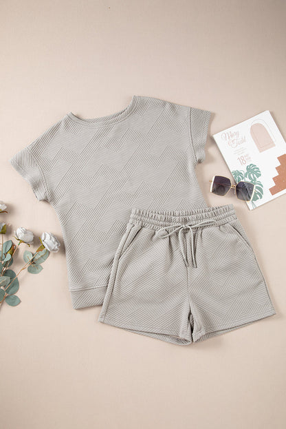 Gray Solid Color Textured Loose Top Casual Two Piece Short Set 🇺🇸