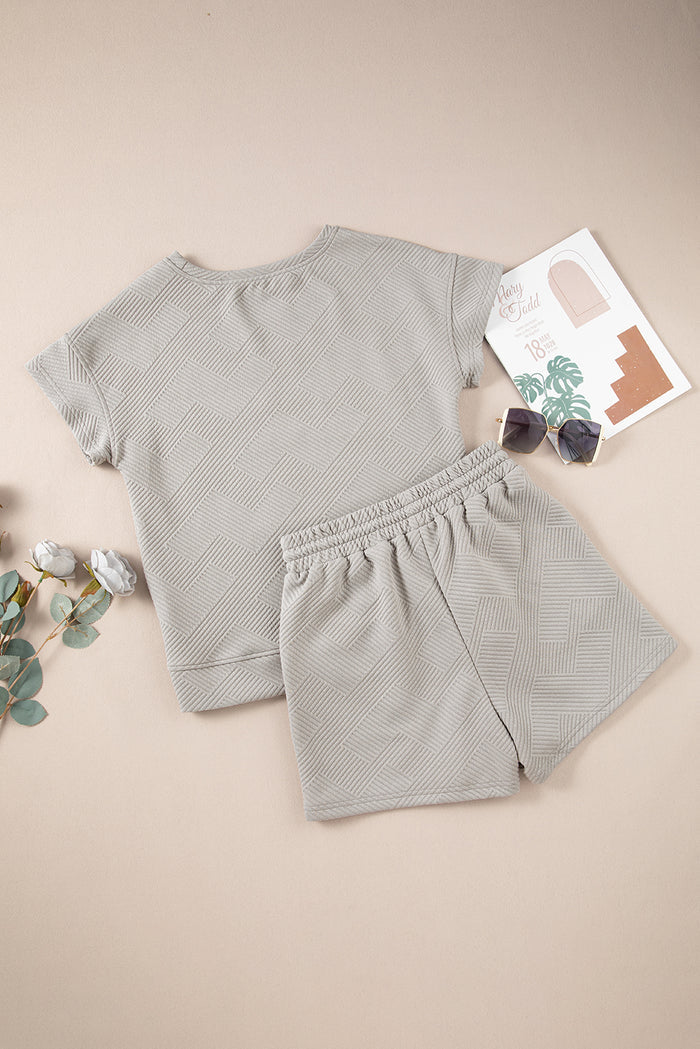 Gray Solid Color Textured Loose Top Casual Two Piece Short Set 🇺🇸