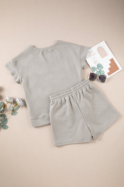 Gray Solid Color Textured Loose Top Casual Two Piece Short Set 🇺🇸