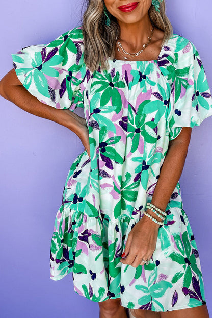 Green Floral Print Shirred Square Neck Loose Fit Mini Dress 🇺🇸