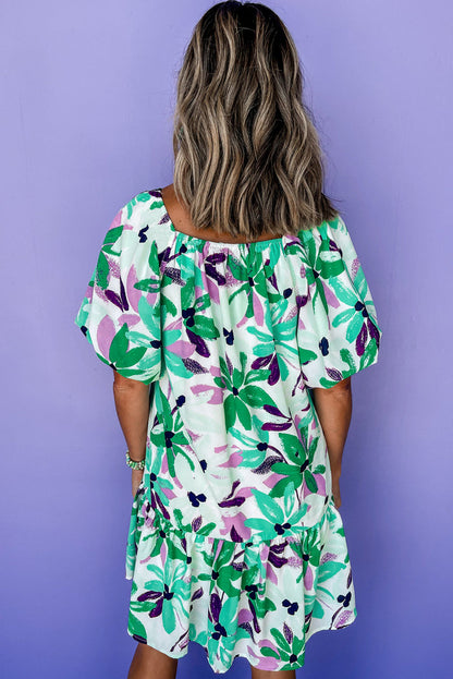 Green Floral Print Shirred Square Neck Loose Fit Mini Dress 🇺🇸