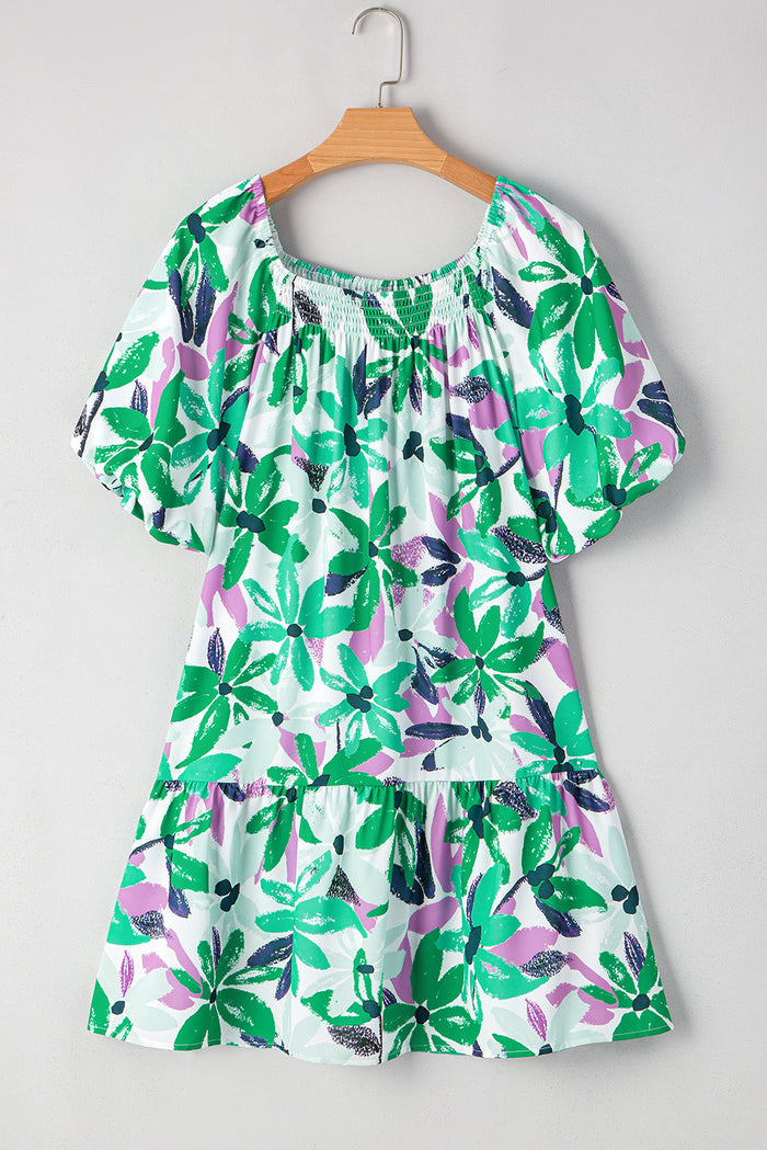 Green Floral Print Shirred Square Neck Loose Fit Mini Dress 🇺🇸