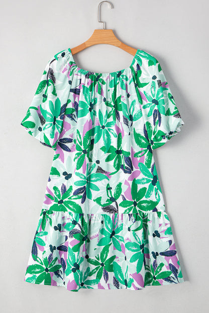 Green Floral Print Shirred Square Neck Loose Fit Mini Dress 🇺🇸