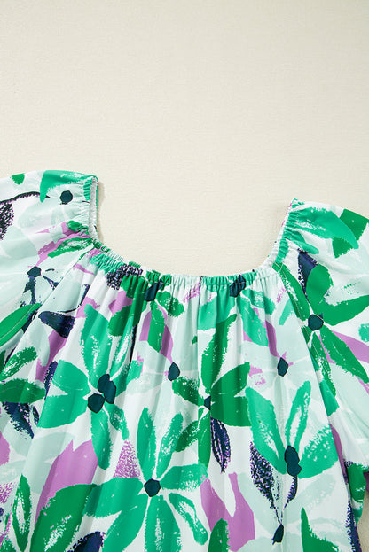 Green Floral Print Shirred Square Neck Loose Fit Mini Dress 🇺🇸