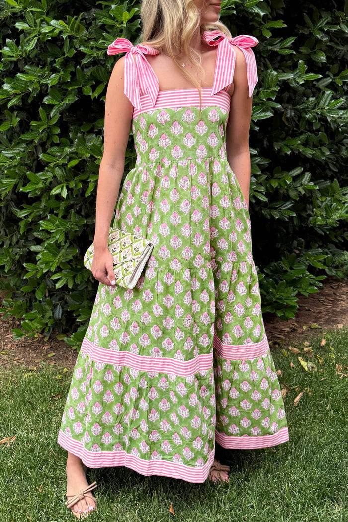 Green Floral Print Striped Detail Knot Straps Maxi Dress 🇺🇸