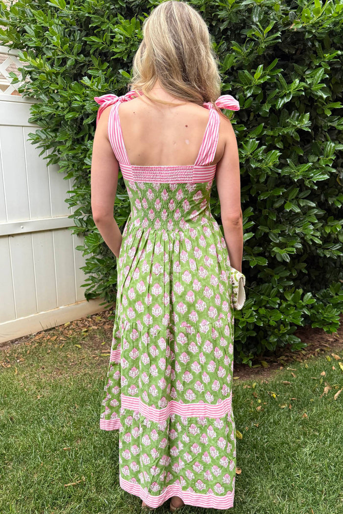 Green Floral Print Striped Detail Knot Straps Maxi Dress 🇺🇸