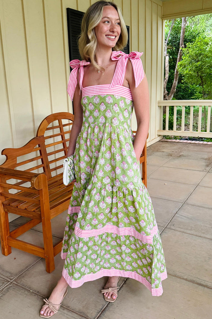 Green Floral Print Striped Detail Knot Straps Maxi Dress 🇺🇸