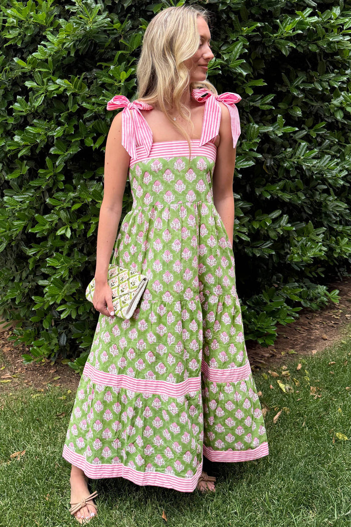 Green Floral Print Striped Detail Knot Straps Maxi Dress 🇺🇸