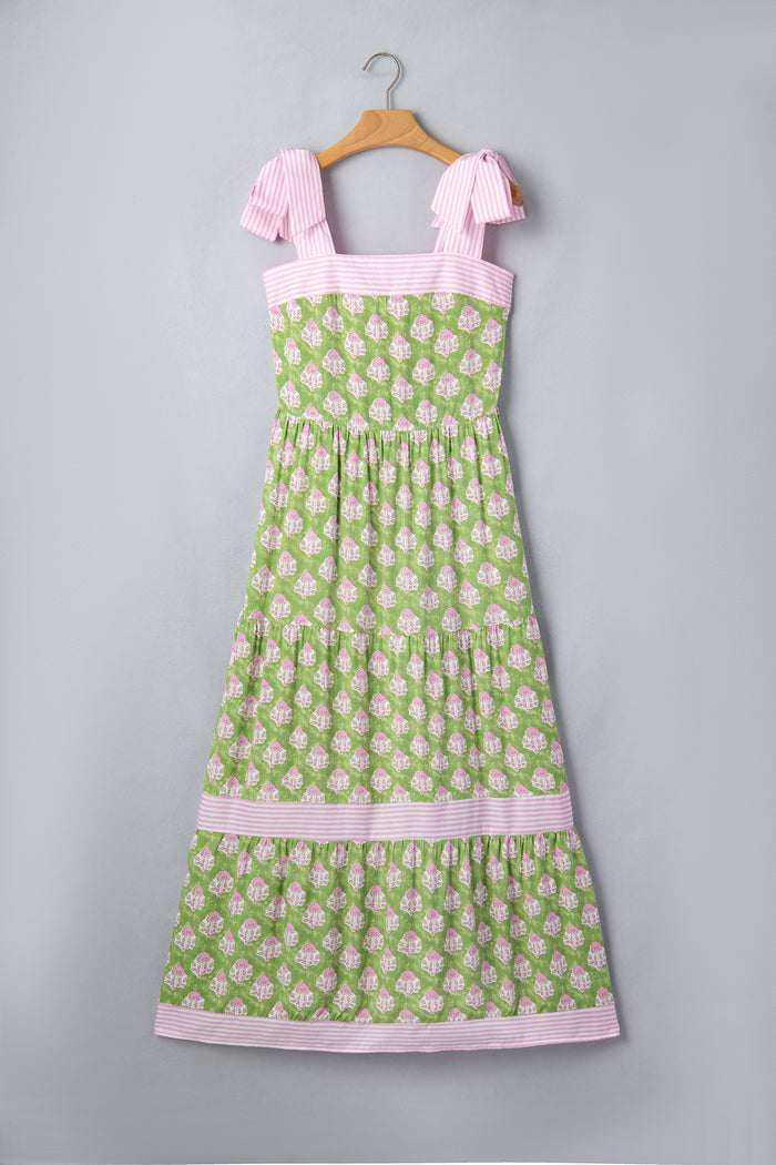 Green Floral Print Striped Detail Knot Straps Maxi Dress 🇺🇸