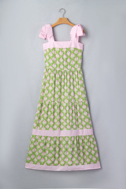 Green Floral Print Striped Detail Knot Straps Maxi Dress 🇺🇸