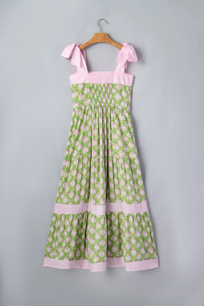 Green Floral Print Striped Detail Knot Straps Maxi Dress 🇺🇸