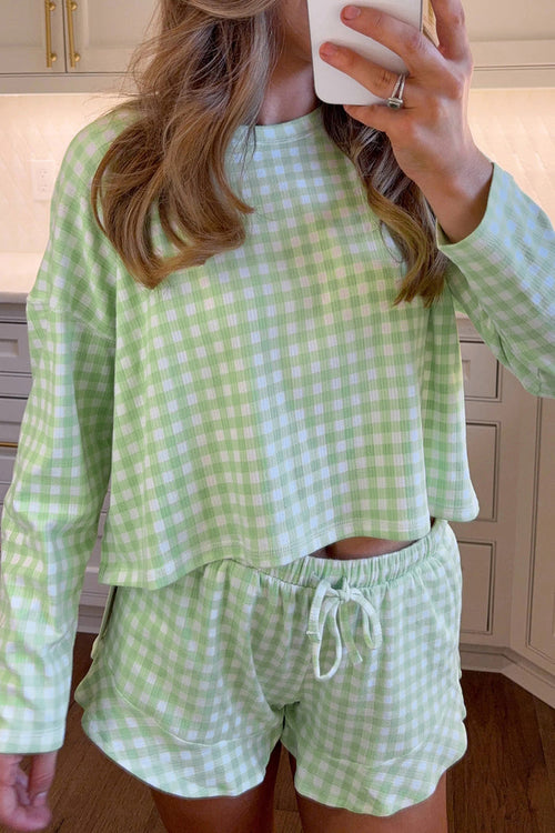 Green Gingham Long Sleeve Loose Top Drawstring Shorts 2pcs Lounge Set 🇺🇸