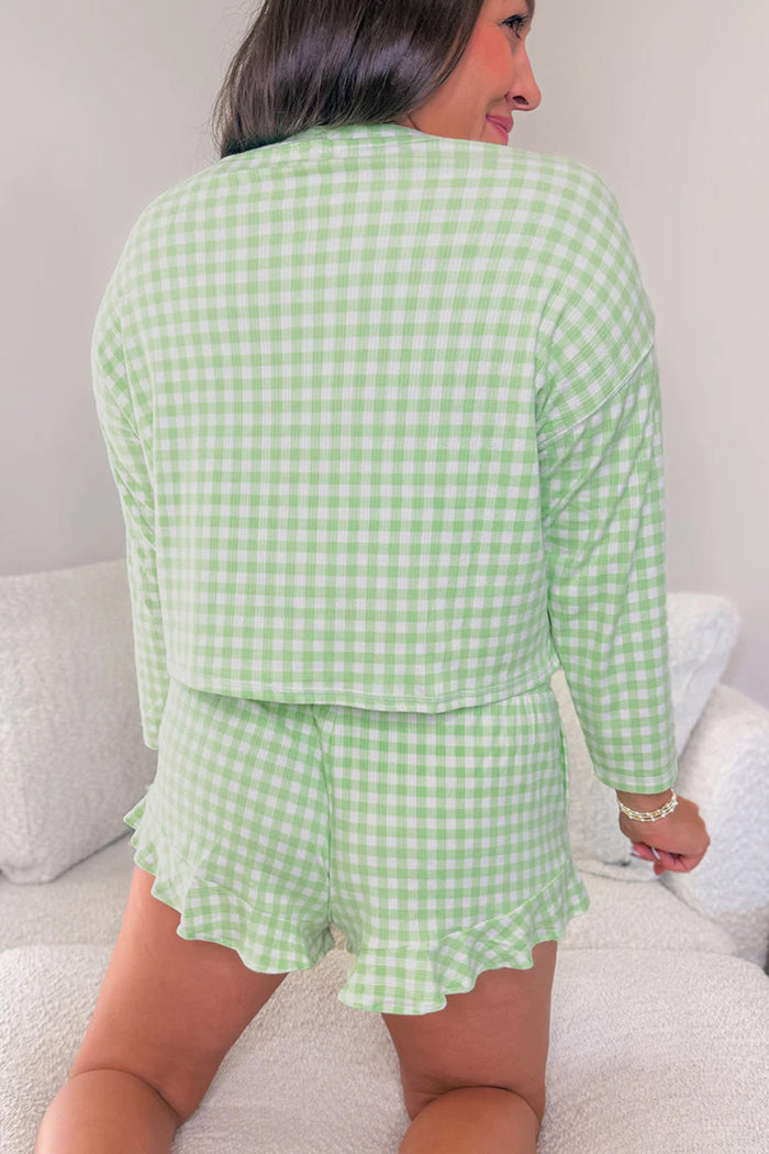 Green Gingham Long Sleeve Loose Top Drawstring Shorts 2pcs Lounge Set 🇺🇸