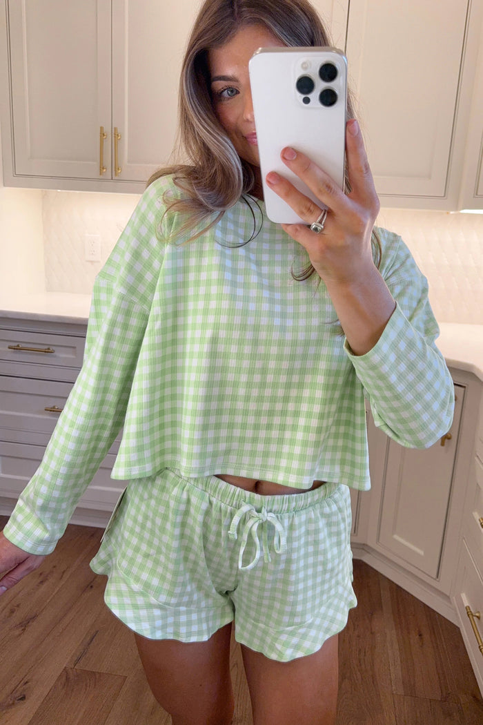 Green Gingham Long Sleeve Loose Top Drawstring Shorts 2pcs Lounge Set 🇺🇸