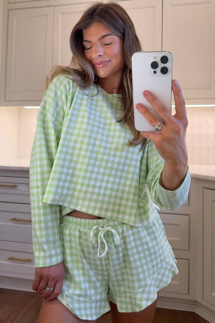 Green Gingham Long Sleeve Loose Top Drawstring Shorts 2pcs Lounge Set 🇺🇸