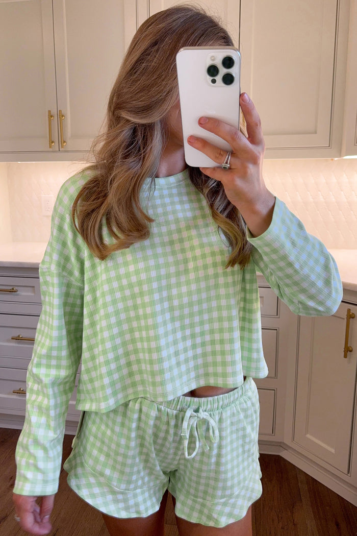Green Gingham Long Sleeve Loose Top Drawstring Shorts 2pcs Lounge Set 🇺🇸