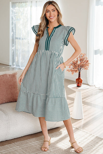 Green Stripe Double Ruffled Short Sleeve Contrast Trim V Neck Midi Dress 🇺🇸