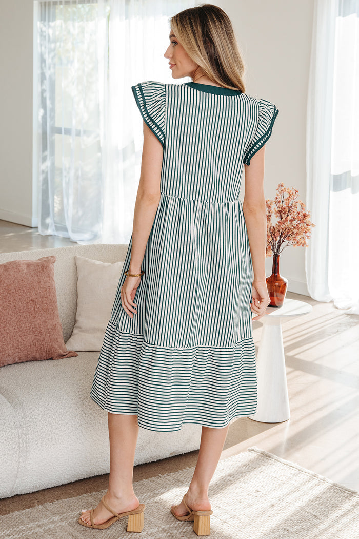Green Stripe Double Ruffled Short Sleeve Contrast Trim V Neck Midi Dress 🇺🇸