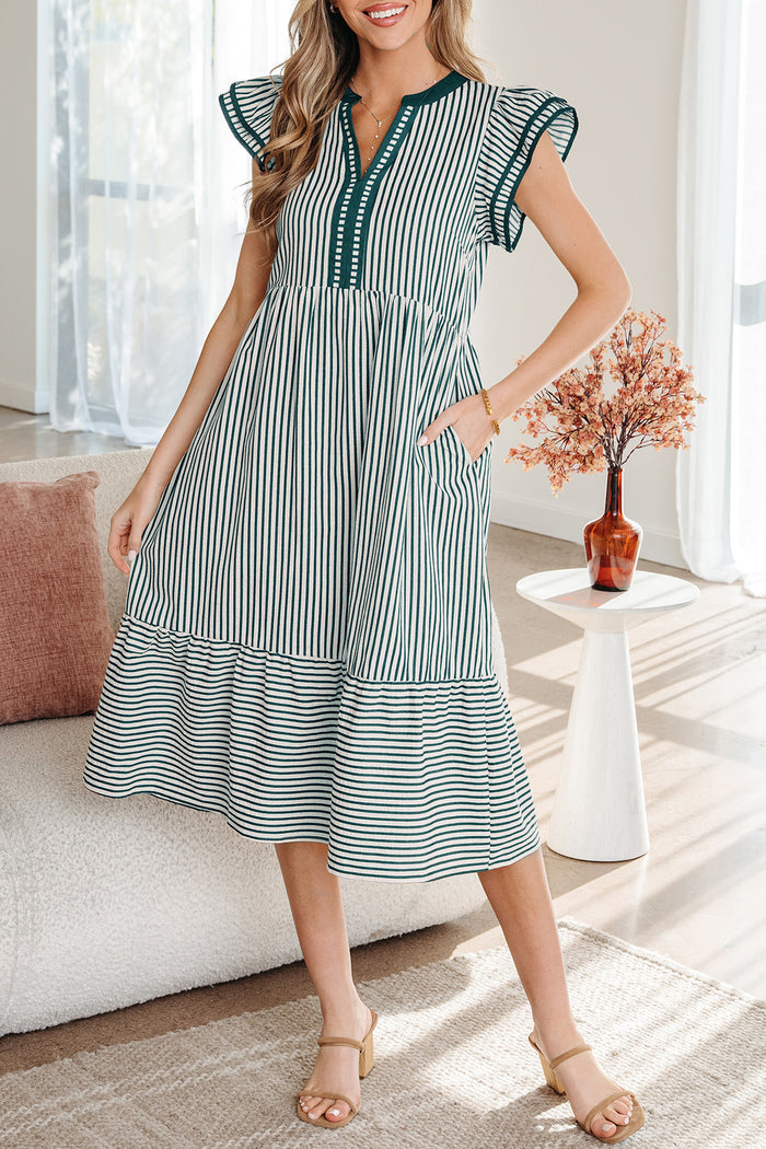 Green Stripe Double Ruffled Short Sleeve Contrast Trim V Neck Midi Dress 🇺🇸