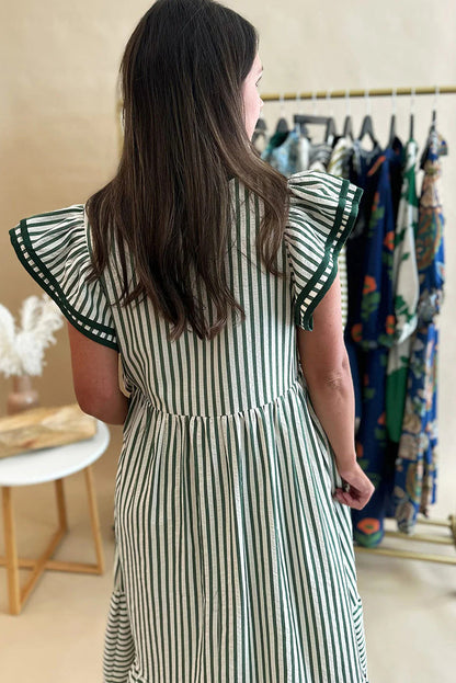 Green Stripe Double Ruffled Short Sleeve Contrast Trim V Neck Midi Dress 🇺🇸