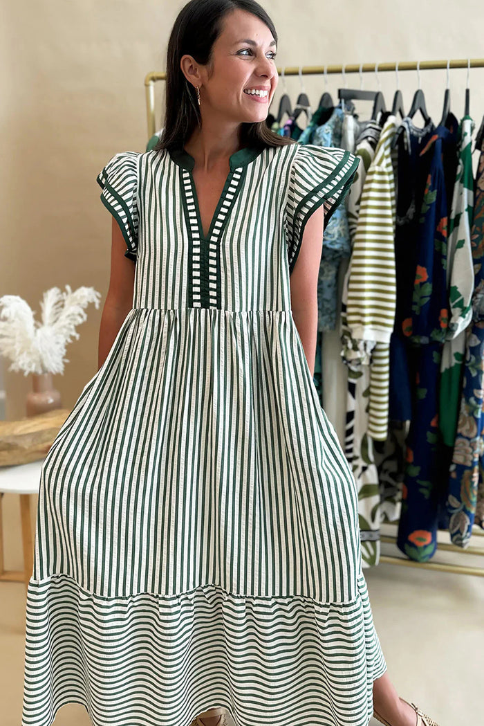 Green Stripe Double Ruffled Short Sleeve Contrast Trim V Neck Midi Dress 🇺🇸