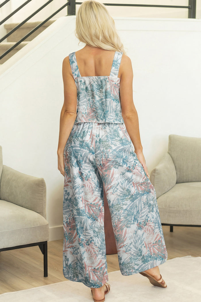 Green Tropical Palm Printed Cropped Tank Drawstring Wide Leg Pant Set 🇺🇸