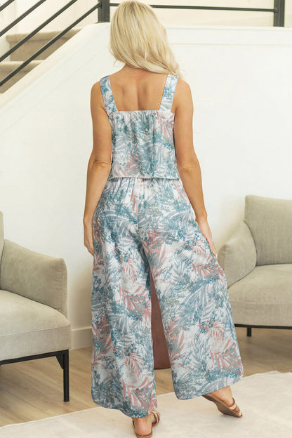 Green Tropical Palm Printed Cropped Tank Drawstring Wide Leg Pant Set 🇺🇸
