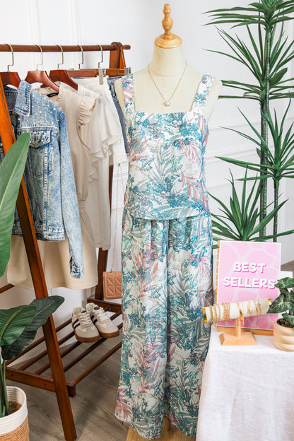 Green Tropical Palm Printed Cropped Tank Drawstring Wide Leg Pant Set 🇺🇸