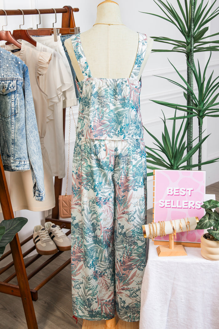 Green Tropical Palm Printed Cropped Tank Drawstring Wide Leg Pant Set 🇺🇸