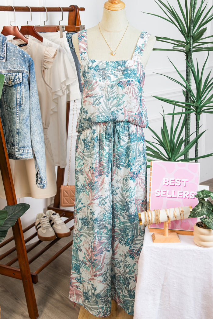 Green Tropical Palm Printed Cropped Tank Drawstring Wide Leg Pant Set 🇺🇸