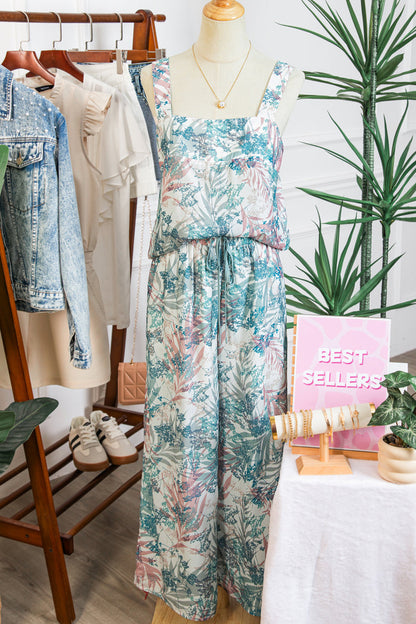 Green Tropical Palm Printed Cropped Tank Drawstring Wide Leg Pant Set 🇺🇸