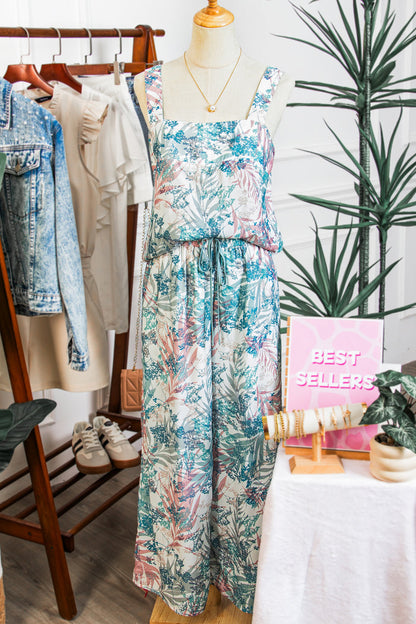 Green Tropical Palm Printed Cropped Tank Drawstring Wide Leg Pant Set 🇺🇸