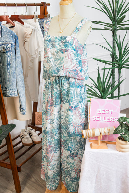 Green Tropical Palm Printed Cropped Tank Drawstring Wide Leg Pant Set 🇺🇸