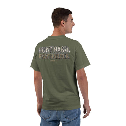 Hunt Hard Pray Harder T-Shirt - Christian Hunting Shirt with Camo Print and Bible Verse 1 Timothy 4:8, Faith and Outdoors Tee for Men