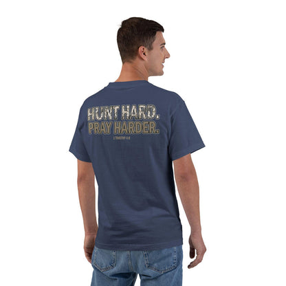 Hunt Hard Pray Harder T-Shirt - Christian Hunting Shirt with Camo Print and Bible Verse 1 Timothy 4:8, Faith and Outdoors Tee for Men