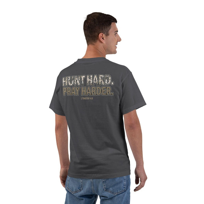 Hunt Hard Pray Harder T-Shirt - Christian Hunting Shirt with Camo Print and Bible Verse 1 Timothy 4:8, Faith and Outdoors Tee for Men
