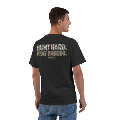 Hunt Hard Pray Harder T-Shirt - Christian Hunting Shirt with Camo Print and Bible Verse 1 Timothy 4:8, Faith and Outdoors Tee for Men