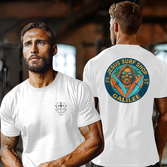 Jesus Surf Shop Galilee Christian T-Shirt - Matthew 4:19 Bible Verse Tee, Fishers of Men Surf Shirt, Retro Coastal Faith Apparel