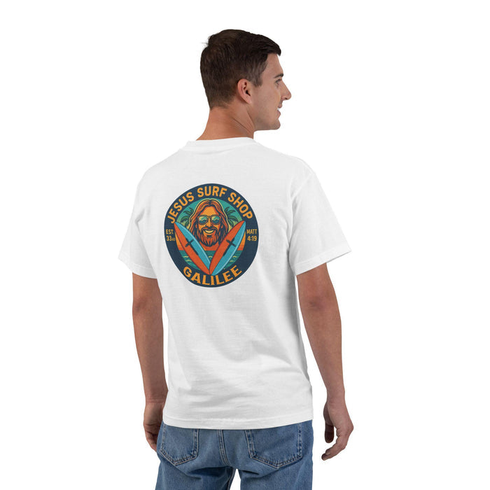 Jesus Surf Shop Galilee Christian T-Shirt - Matthew 4:19 Bible Verse Tee, Fishers of Men Surf Shirt, Retro Coastal Faith Apparel