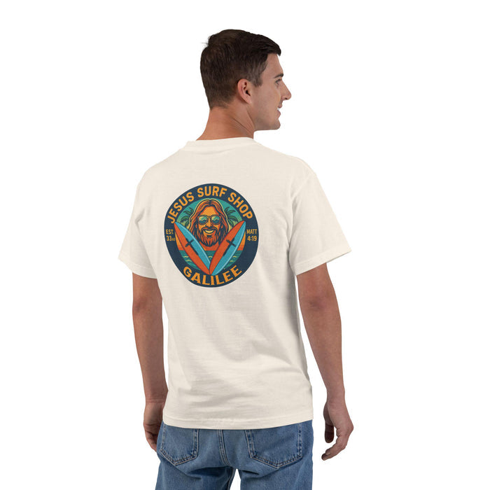 Jesus Surf Shop Galilee Christian T-Shirt - Matthew 4:19 Bible Verse Tee, Fishers of Men Surf Shirt, Retro Coastal Faith Apparel