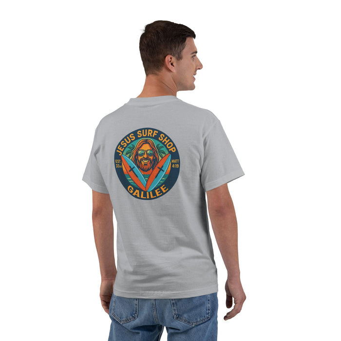 Jesus Surf Shop Galilee Christian T-Shirt - Matthew 4:19 Bible Verse Tee, Fishers of Men Surf Shirt, Retro Coastal Faith Apparel